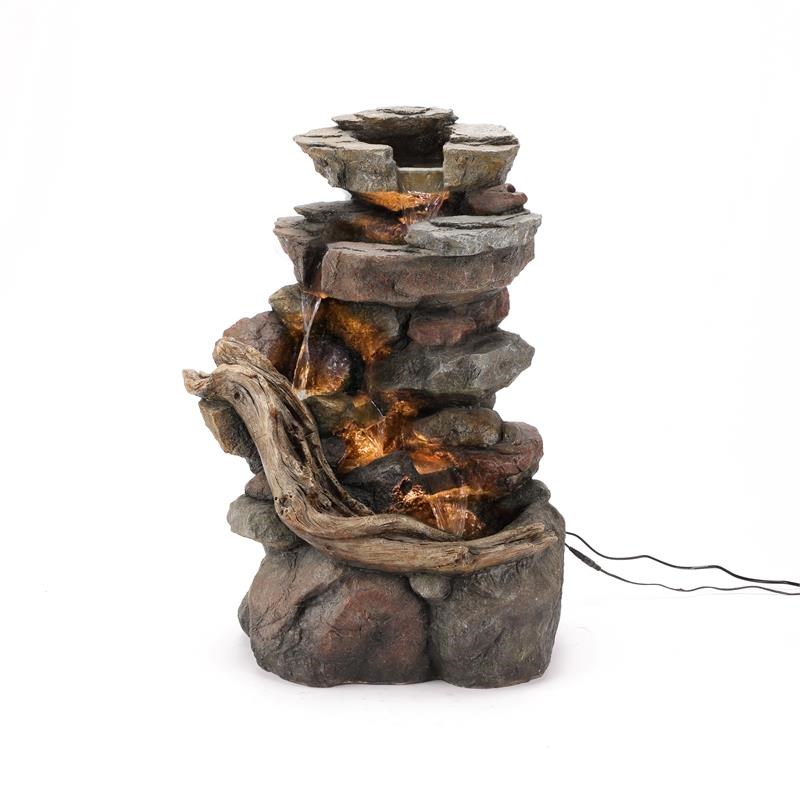LuxenHome Resin Stacked Rock Waterfall Outdoor Fountain with LED Lights