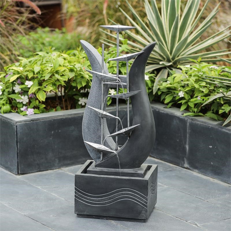 LuxenHome 37-Inch H Modern Abstract Metal Floral Cement Outdoor Fountain