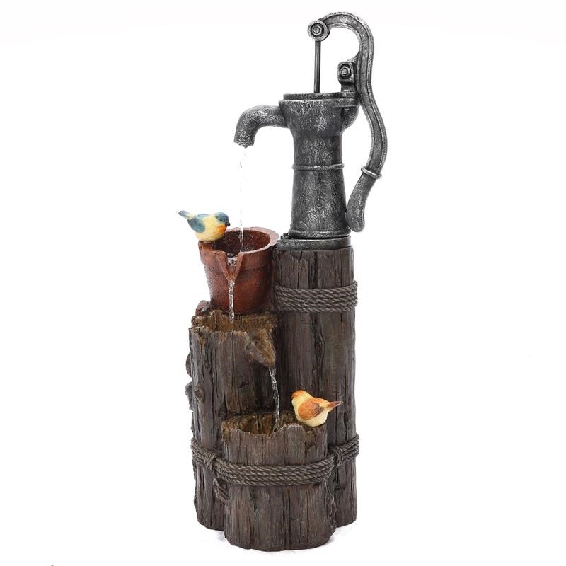 LuxenHome Farmhouse Well and Wood Posts Outdoor Fountain with LED Light