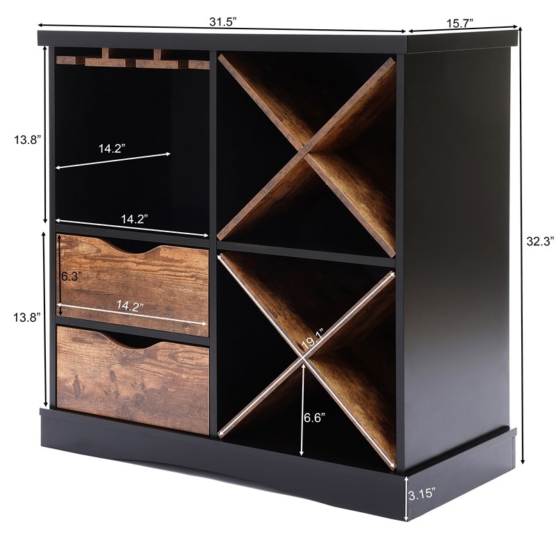 LuxenHome Black and Brown Wood 2-Drawer X-Storage Wine Cabinet