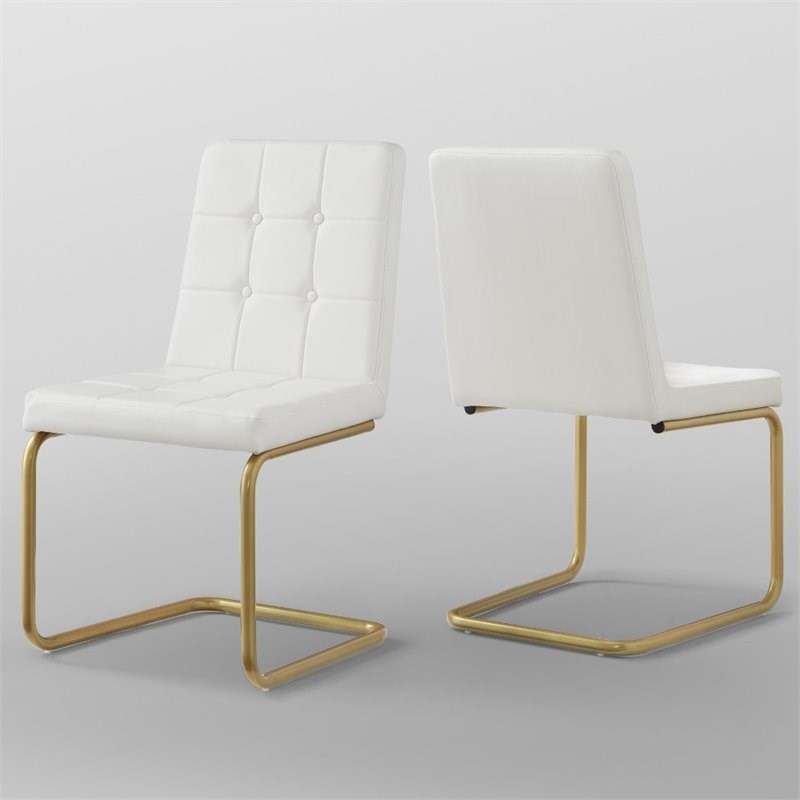 Posh Living Jonathan Tufted Leather Dining Chair in White/Gold (Set of