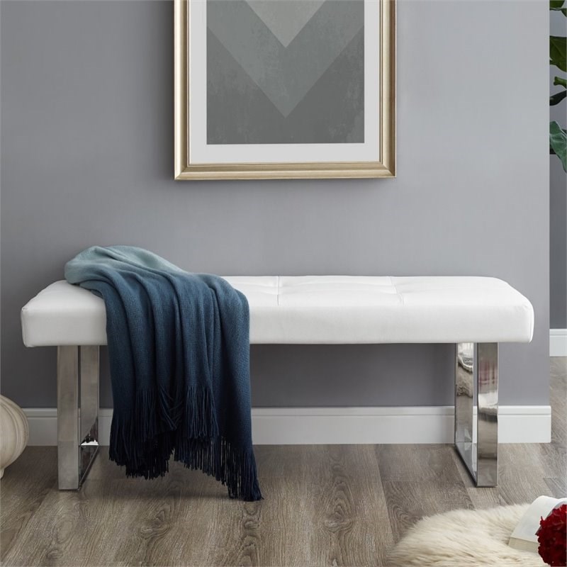 Posh Living Myles Faux Leather Bench with Stainless Steel Legs in White ...