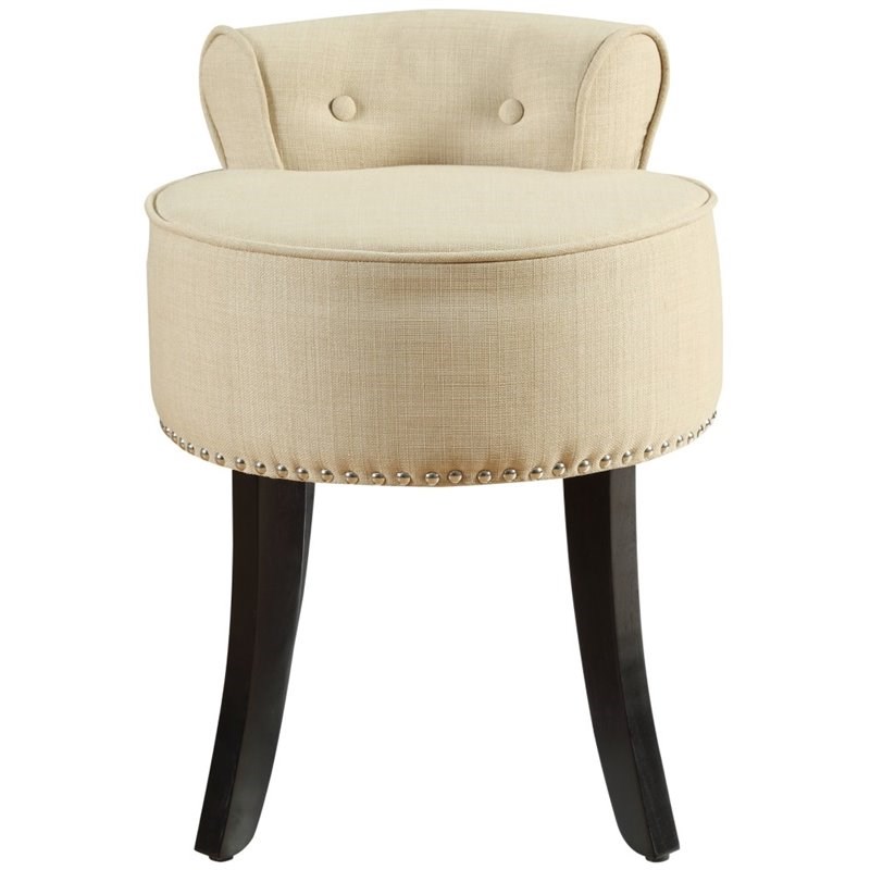 Posh Alena Tufted Linen Fabric Vanity Stool with Nailhead Trim in Beige