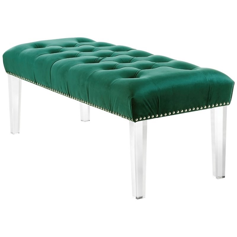 Posh Living Wyatt Velvet Upholstered Bench with Acrylic Legs in Green | Homesquare