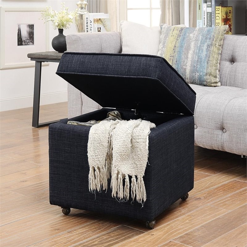 Posh Living Ruby Tufted Linen Fabric Cube Storage Ottoman with Casters in Black