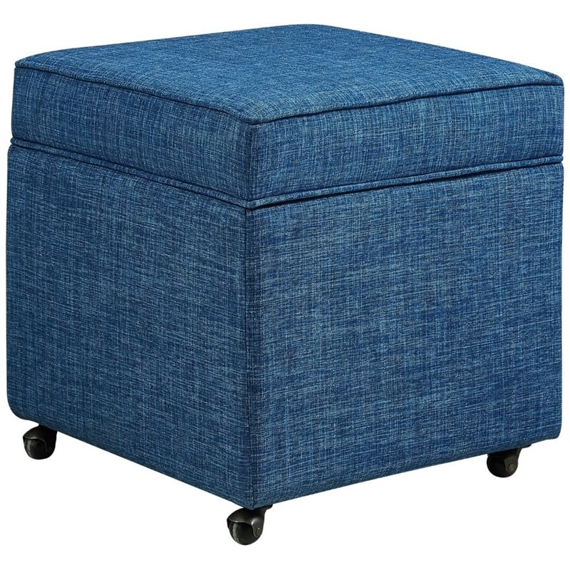 Posh Living Ruby Tufted Linen Fabric Cube Storage Ottoman with Casters in Blue