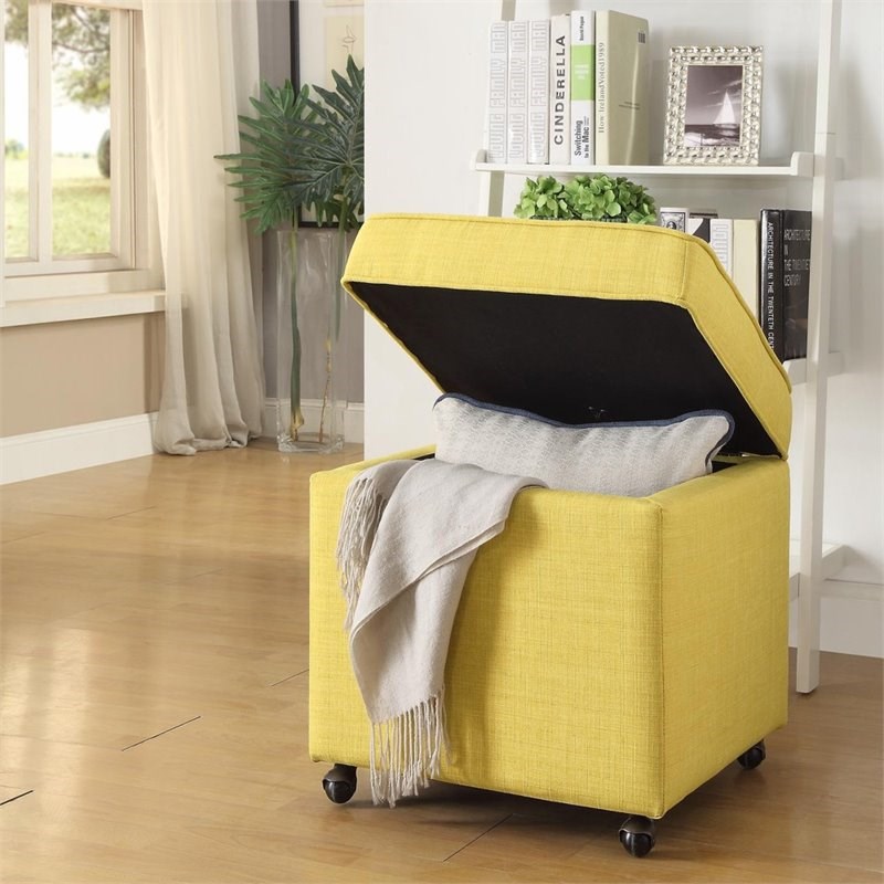 Posh Living Ruby Tufted Linen Fabric Cube Storage Ottoman with Casters in Yellow
