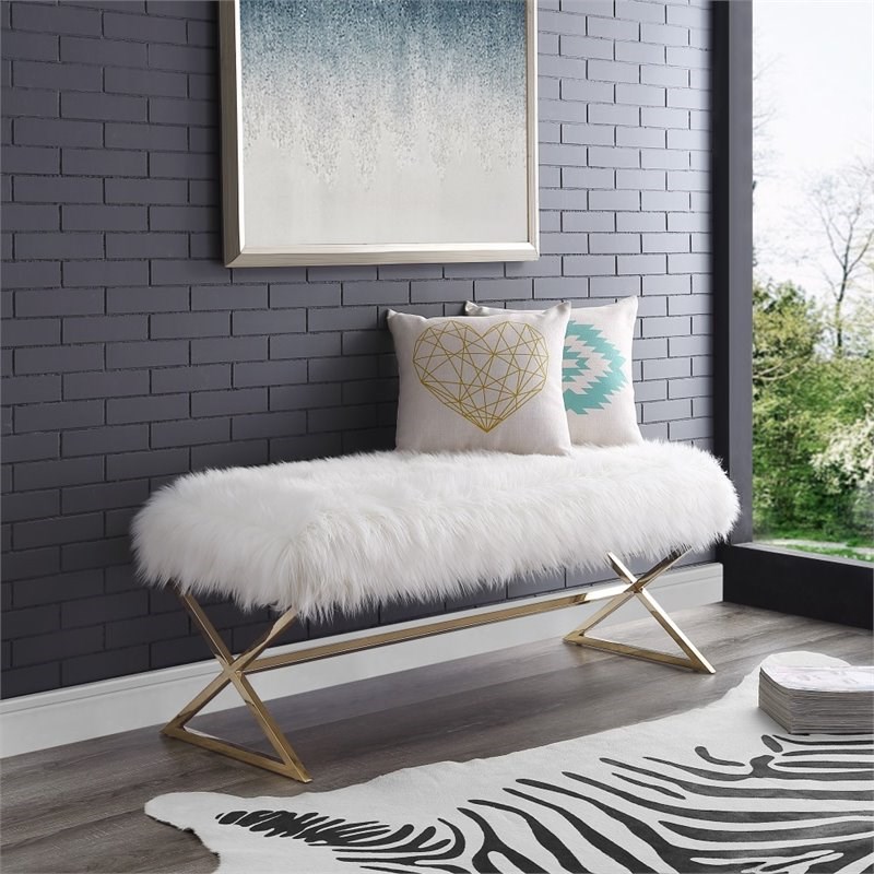 Posh Colin Fur Fabric Upholstered Bench with Stainless Steel Legs