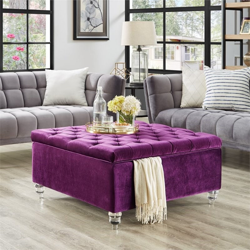 Posh Living Joshua Velvet Square Storage Ottoman with Lucite Legs in
