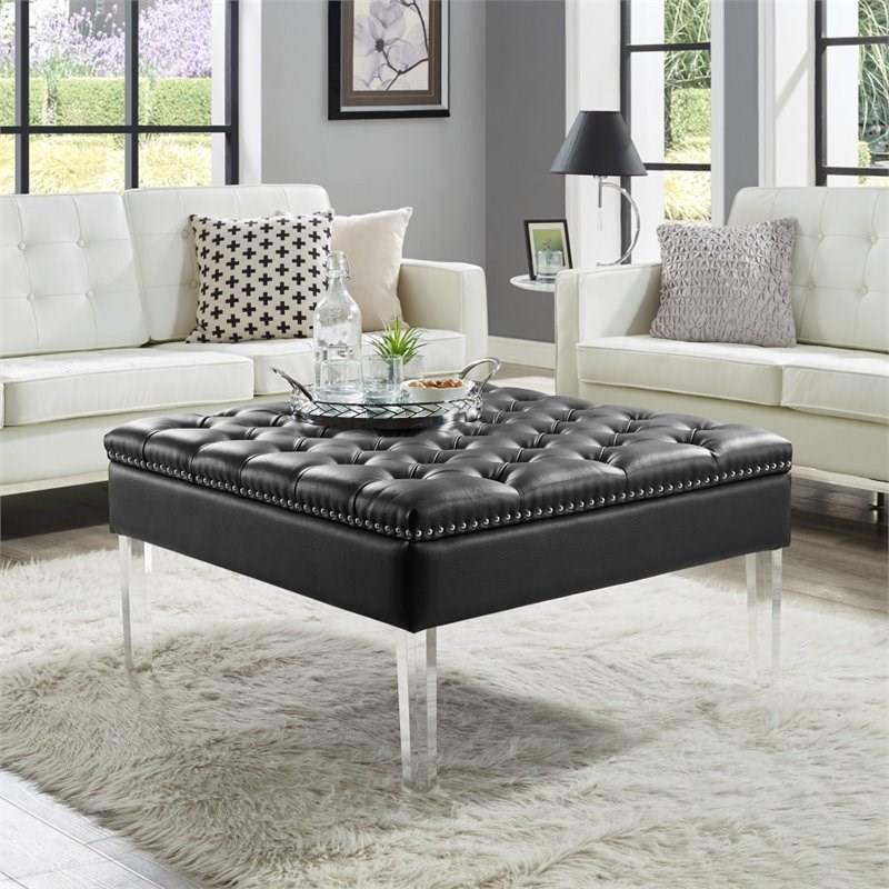 Posh Luke Tufted Faux Leather Oversized Ottoman with Acrylic Legs in Black