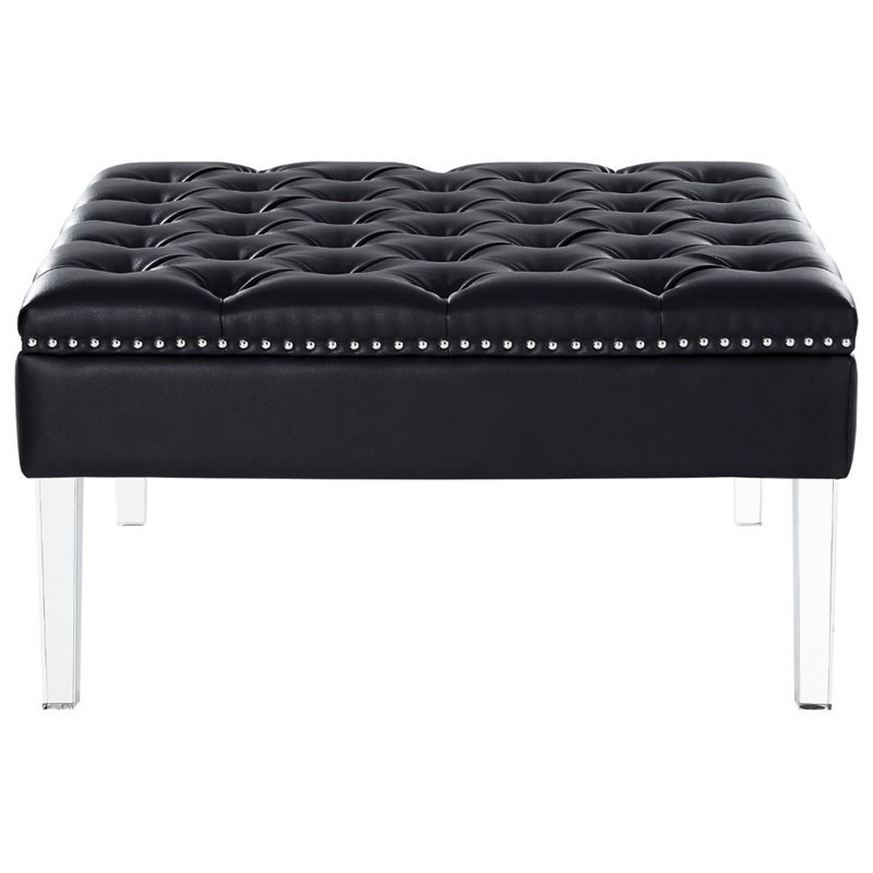 Posh Luke Tufted Faux Leather Oversized Ottoman with Acrylic Legs in Black