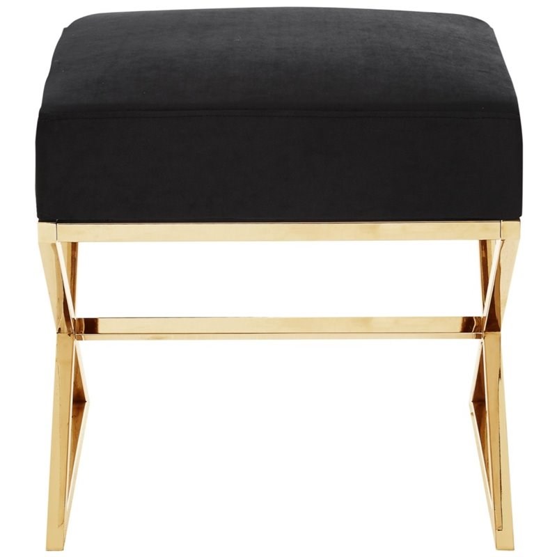 Posh Living Colin Velvet and Stainless Steel Base Ottoman in Black/Gold