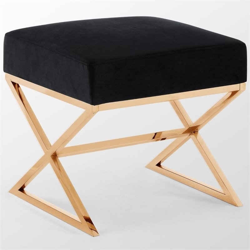 Posh Living Colin Velvet and Stainless Steel Base Ottoman in Black/Gold