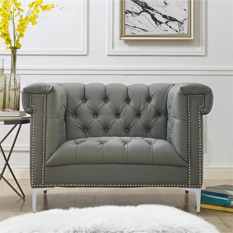 Posh Living Ryder Button Tufted Leather Chesterfield Accent Chair - Gray/Chrome