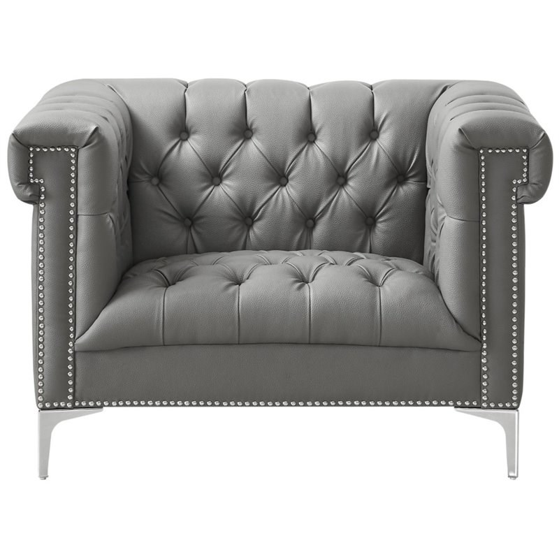 Posh Living Ryder Button Tufted Leather Chesterfield Accent Chair - Gray/Chrome