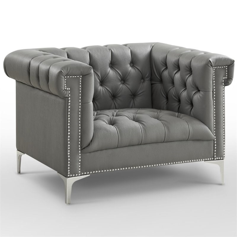 Posh Living Ryder Button Tufted Leather Chesterfield Accent Chair - Gray/Chrome