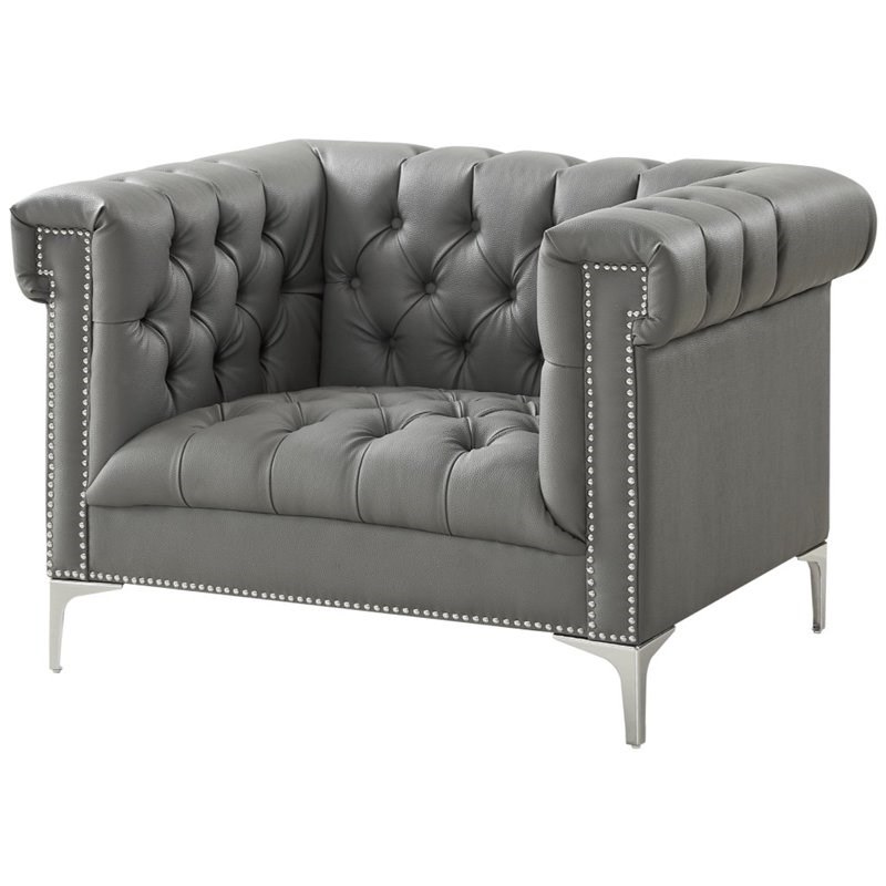 Posh Living Ryder Button Tufted Leather Chesterfield Accent Chair - Gray/Chrome