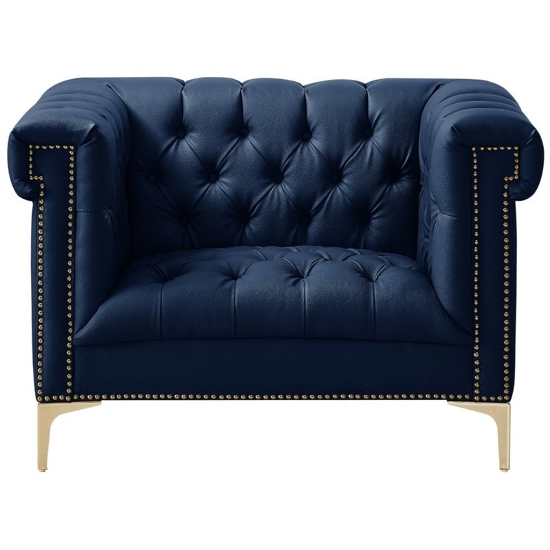 Posh Living Ryder Button Tufted Leather Chesterfield Accent Chair - Blue/Gold