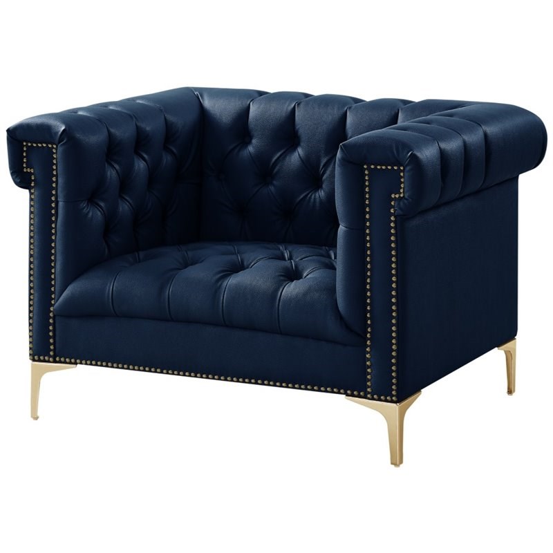 Posh Living Ryder Button Tufted Leather Chesterfield Accent Chair - Blue/Gold