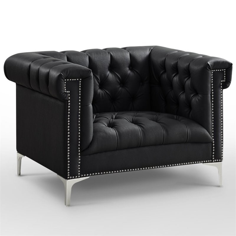Posh Living Ryder Button Tufted Leather Chesterfield Accent Chair - Black/Chrome