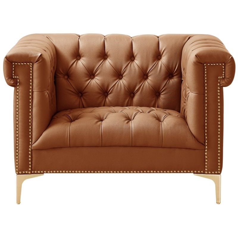Posh Living Ryder Button Tufted Leather Chesterfield Accent Chair - Brown/Gold
