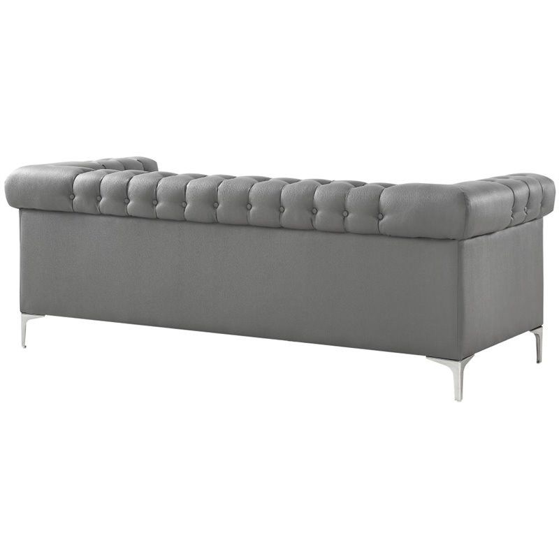 Posh Living Ryder Button Tufted Leather Chesterfield Sofa in Gray/Chrome