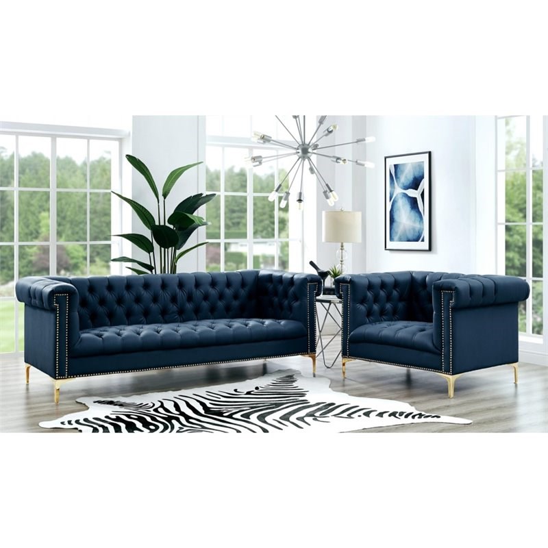Posh Living Ryder Button Tufted Leather Chesterfield Sofa in Navy Blue/Gold