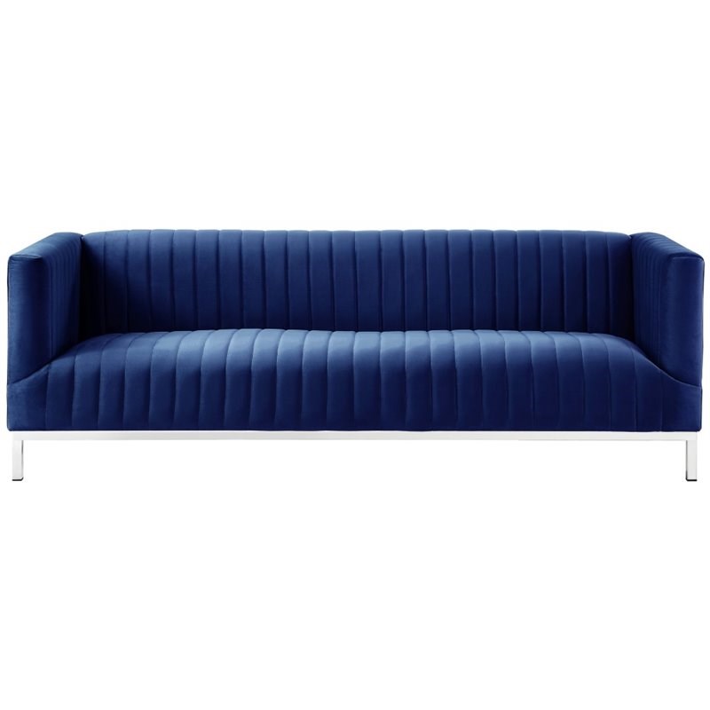 Posh Living Hayden Velvet Tuxedo Sofa with Y-Metal Base in Navy Blue/Chrome