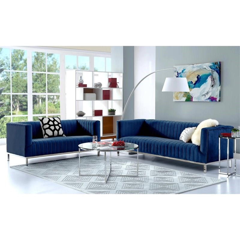 Posh Living Hayden Velvet Tuxedo Sofa with Y-Metal Base in Navy Blue/Chrome