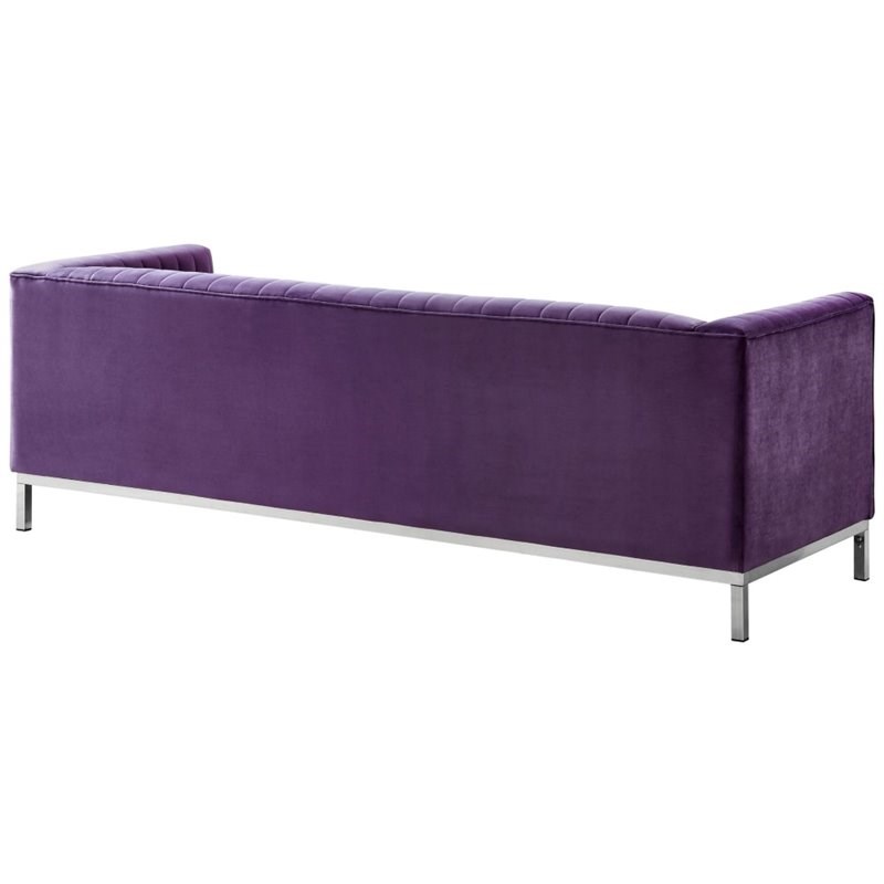 Posh Living Hayden Velvet Tuxedo Sofa with Y-Metal Base in Purple/Chrome