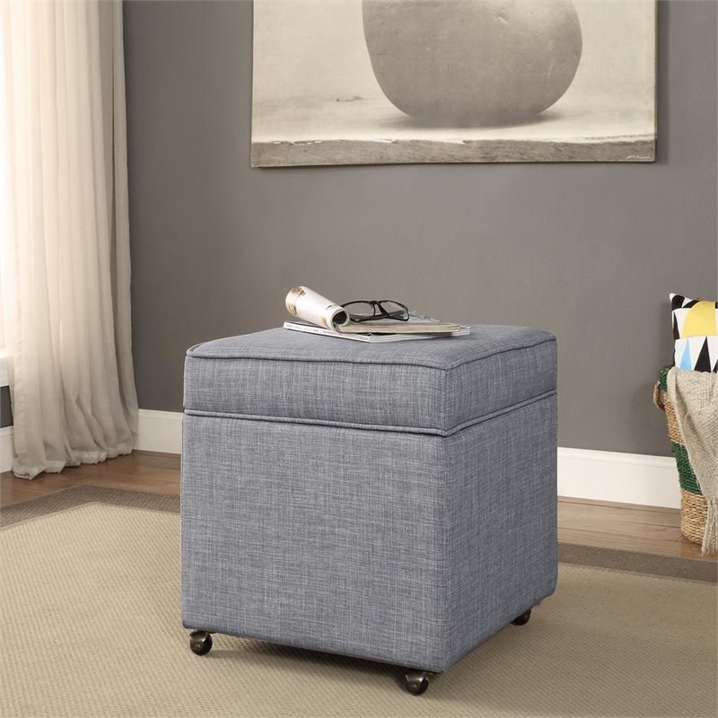 Posh Living Ruby Tufted Linen Fabric Cube Storage Ottoman with Casters in Gray