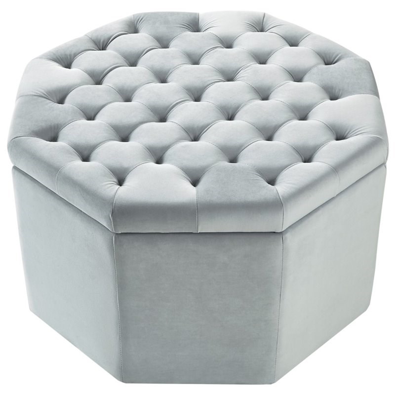 Posh Living Jeremiah Tufted Velvet Storage Ottoman In Light Gray