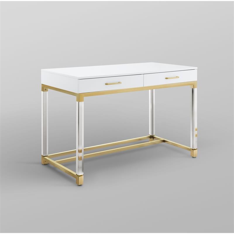 Posh Briar 2Drawer Metal Writing Desk with Acrylic Legs in White/Gold