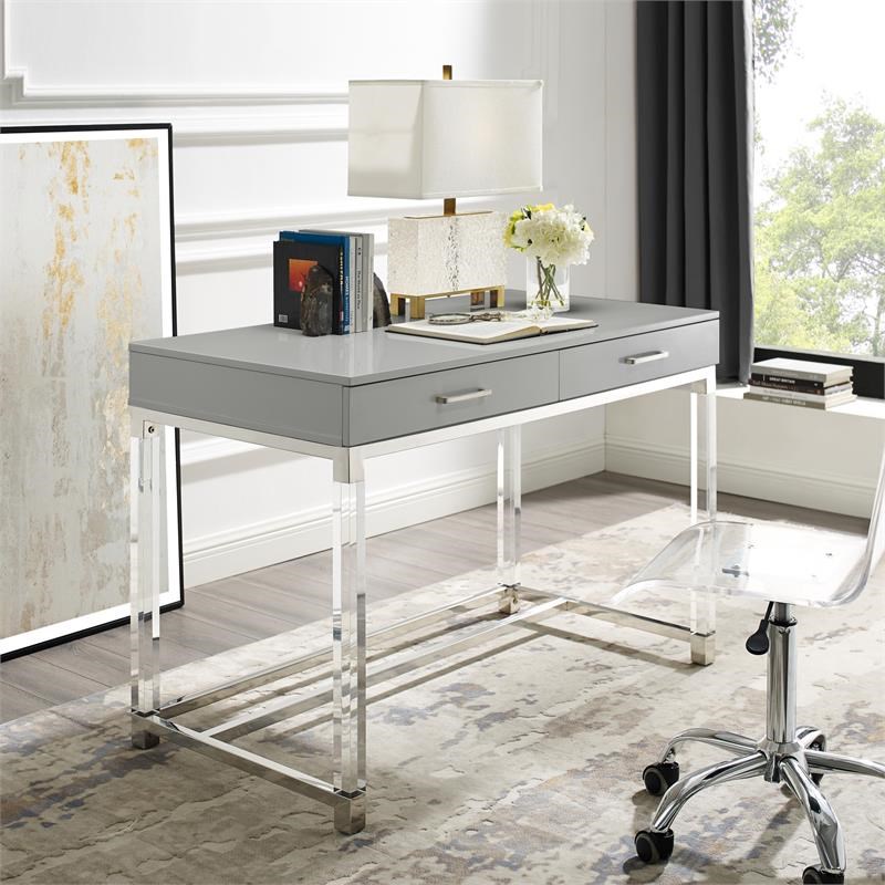 posh briar 2-drawer metal writing desk with acrylic legs in light gray