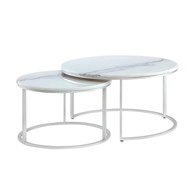 Posh Living Kero Round Marble Top Nesting Coffee Table in Silver