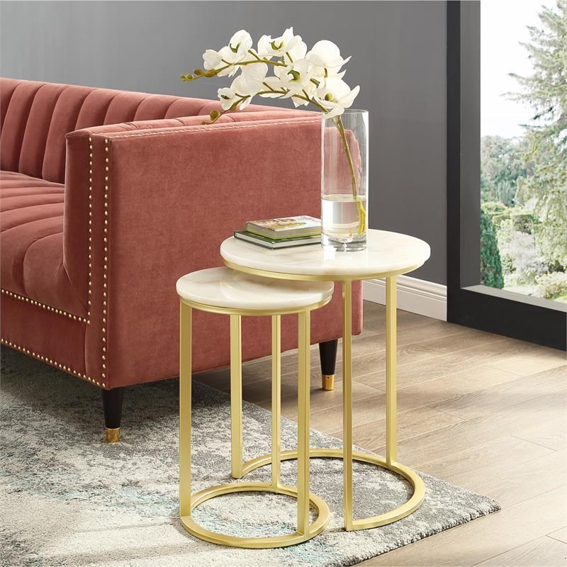 Posh Living Kero Round Marble Top Nesting End Table in Gold Homesquare