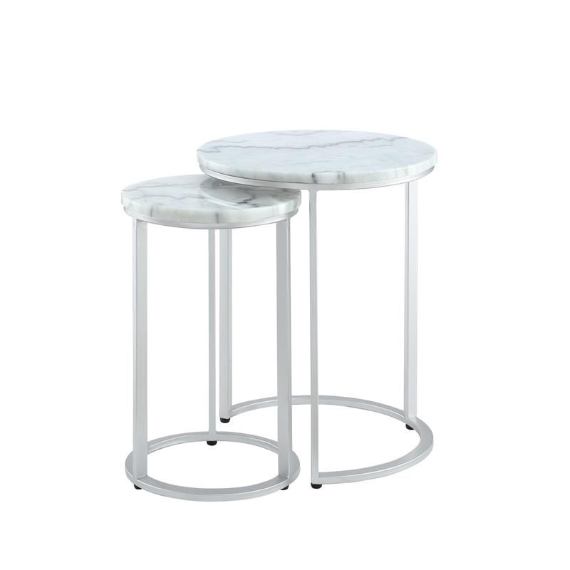 Posh Living Kero Round Marble Top Nesting End Table in Silver Homesquare