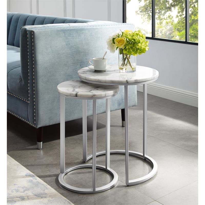 Posh Living Kero Round Marble Top Nesting End Table in Silver Homesquare