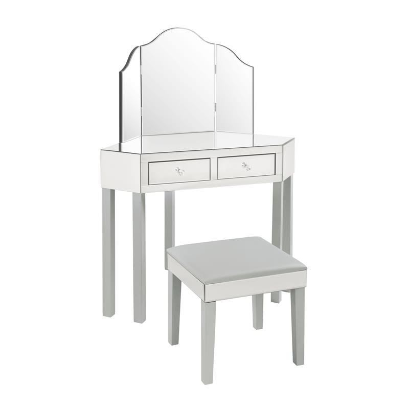 Posh Living Perry Mirrored 3-Piece Bedroom Vanity Set in Gray