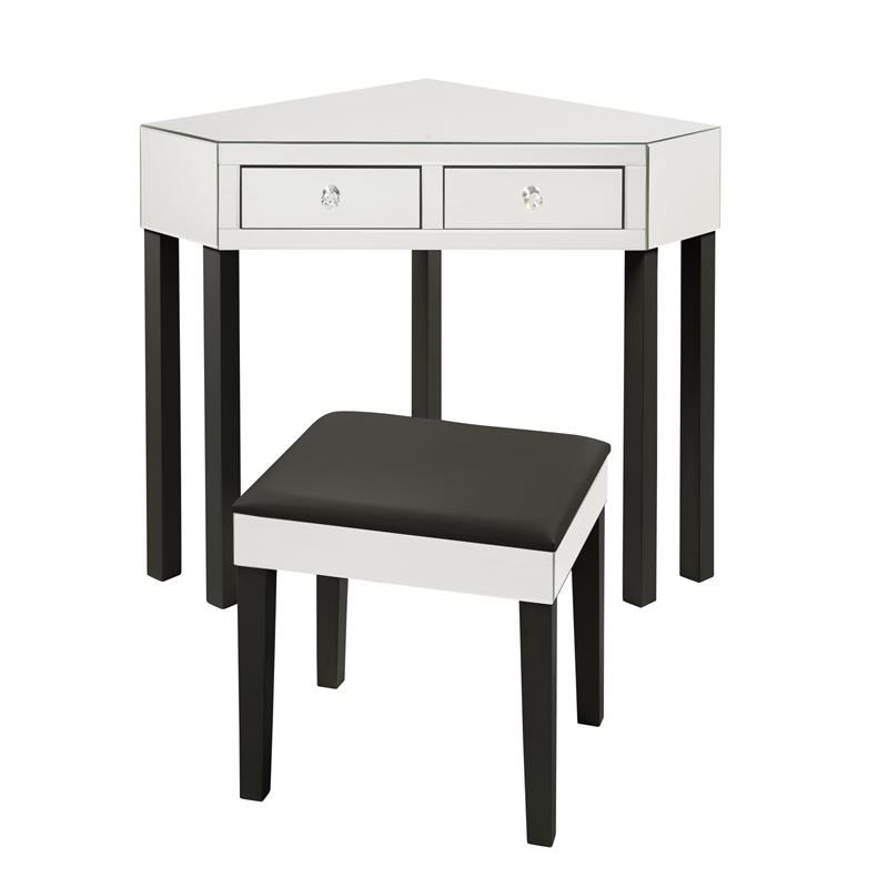 Posh Living Perry Mirrored Corner Bedroom Vanity with Stool in Black