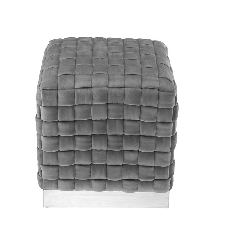 Posh Living Michirin Velvet Cube Ottoman with Metal Base in Gray/Chrome