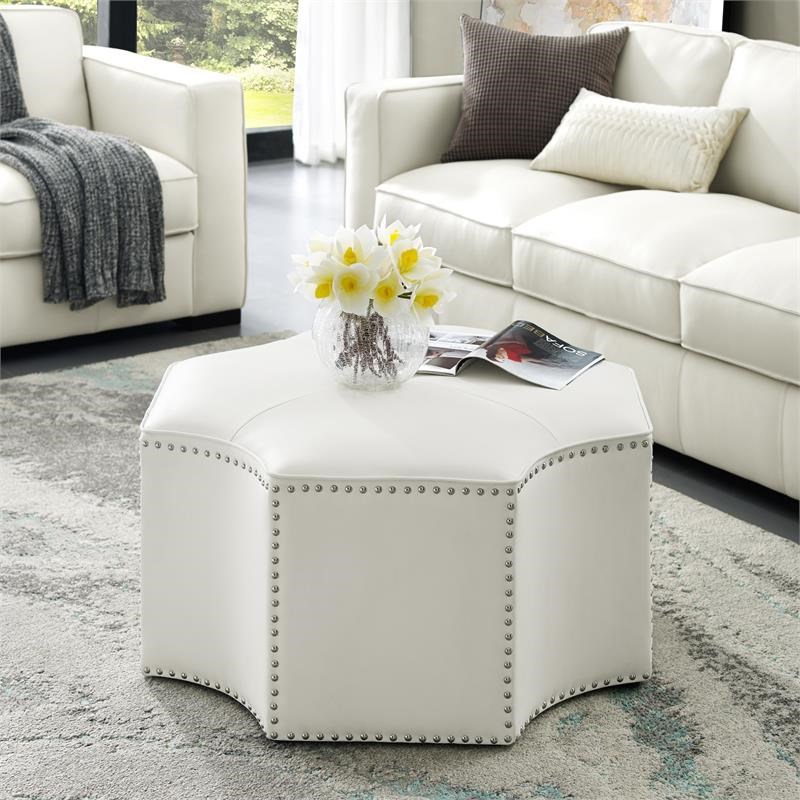 Posh Living Runrawin Faux Leather Octagon Cocktail Ottoman in White