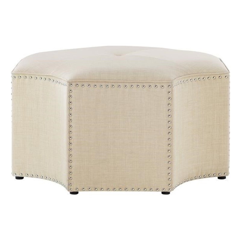 Posh Living Runrawin Linen Fabric Octagon Cocktail Ottoman in Cream/White