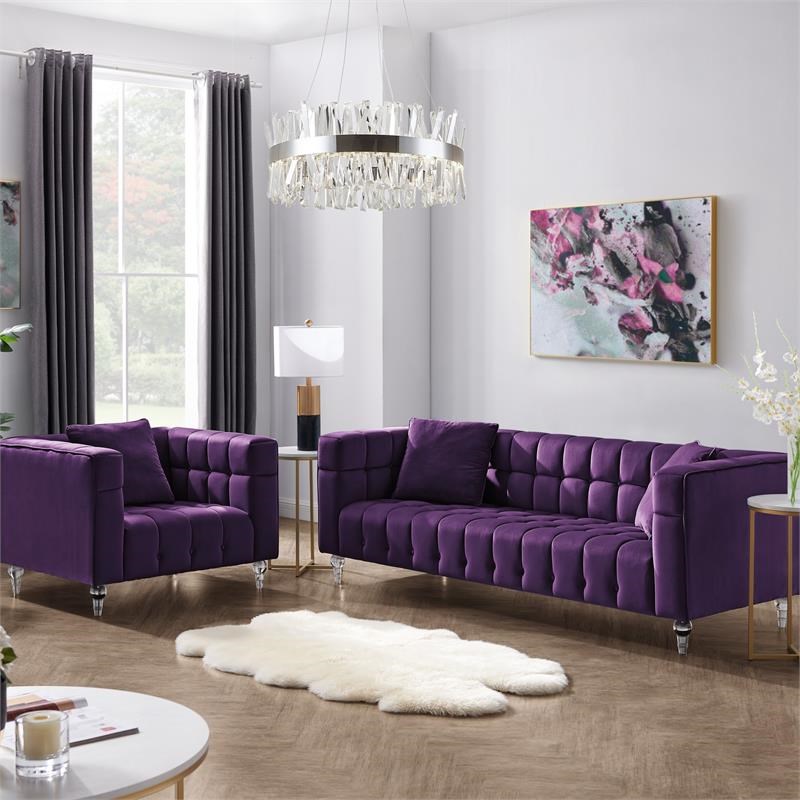 Adalyn Sofa Purple Velvet Biscuit Tufted Lucite Leg Sinuous Springs