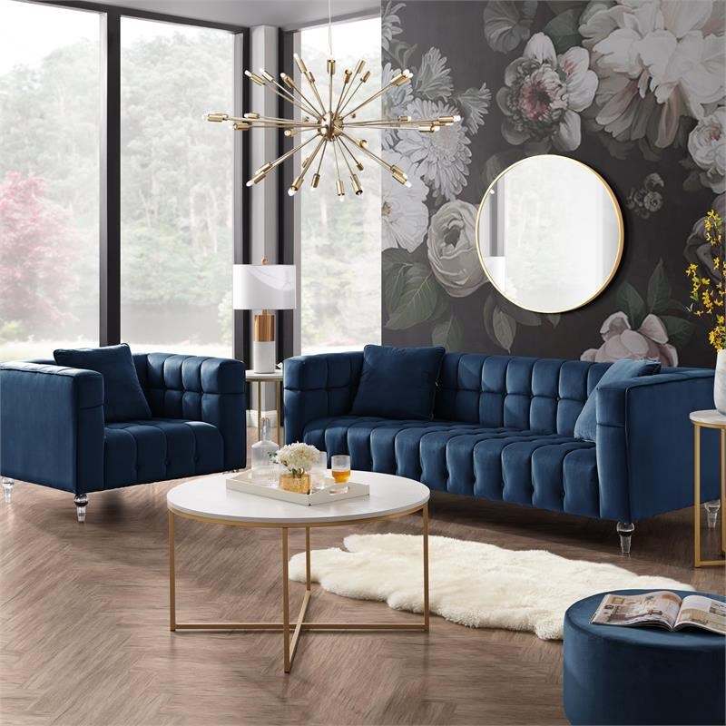 Adalyn Sofa Navy Velvet Biscuit Tufted Lucite Leg Sinuous Springs