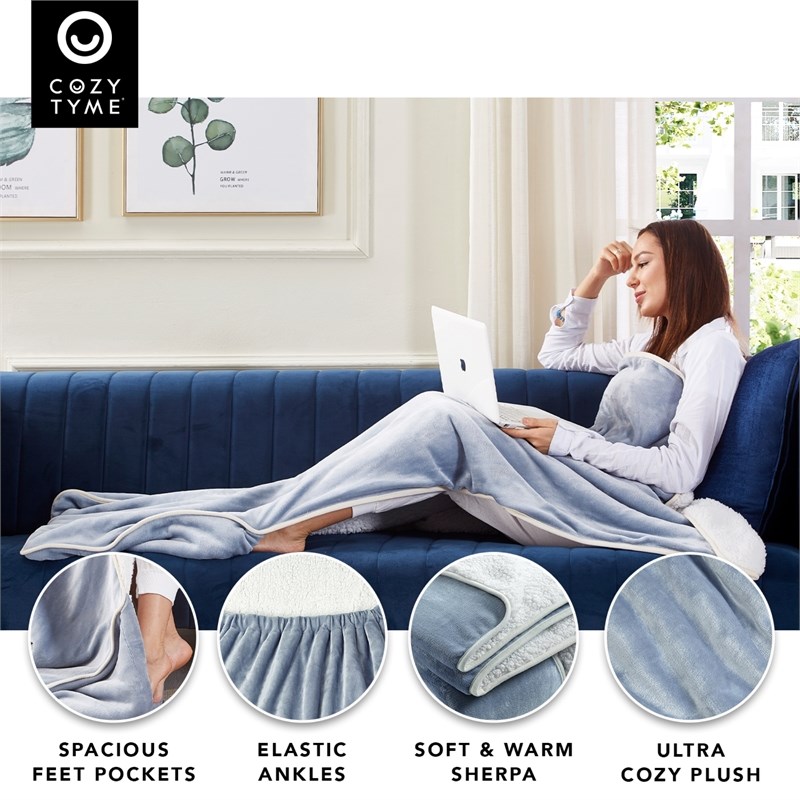 Mekhi Sherpa Polyester Throw Blanket with Feet Pocket Light Blue 28"x70