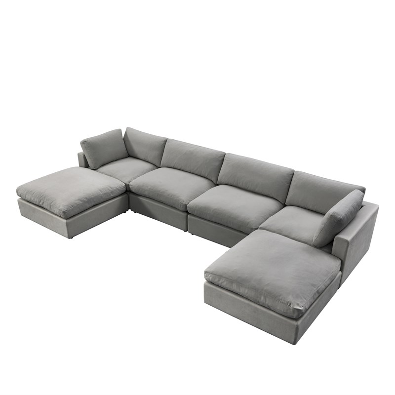 Kaelynn Sofa Gray Linen Upholstered 4 Seat and 2 Ottoman