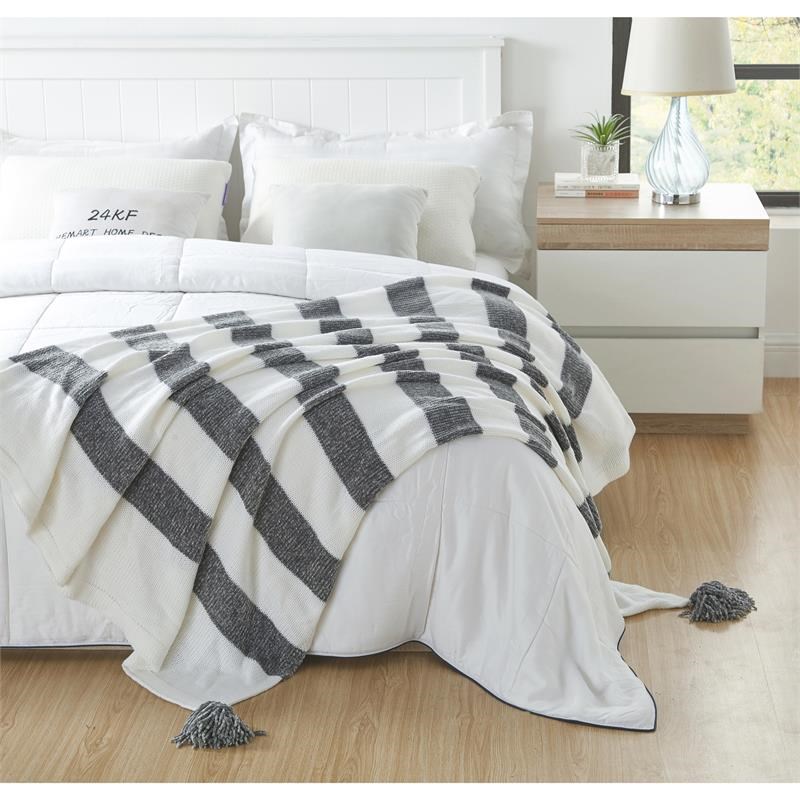 Viola Grey Acrylic 50x60 Inches 4 Corner Tassel Stripe Knit Throw Blanket