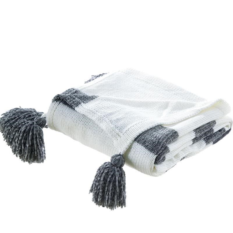 Viola Grey Acrylic 50x60 Inches 4 Corner Tassel Stripe Knit Throw Blanket