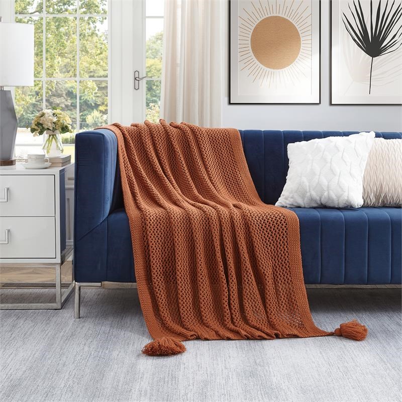 Margo Rust Acrylic 50x60 Inches Wool-like 4 Corner Tassel Knit Throw Blanket